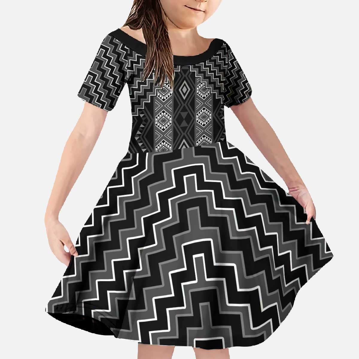 New Zealand Aotearoa Family Matching Off The Shoulder Long Sleeve Dress and Hawaiian Shirt Black Poutama With Taniko Pattern LT05 Daughter's Dress Black - Polynesian Pride