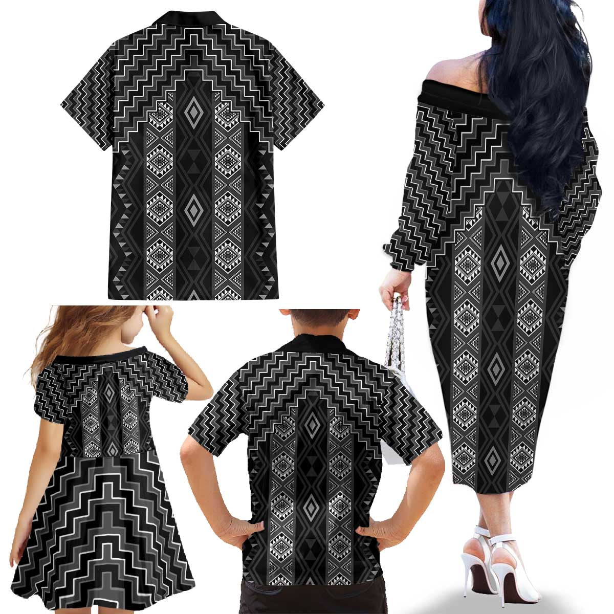 New Zealand Aotearoa Family Matching Off The Shoulder Long Sleeve Dress and Hawaiian Shirt Black Poutama With Taniko Pattern LT05 - Polynesian Pride