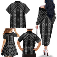 New Zealand Aotearoa Family Matching Off The Shoulder Long Sleeve Dress and Hawaiian Shirt Black Poutama With Taniko Pattern LT05 - Polynesian Pride