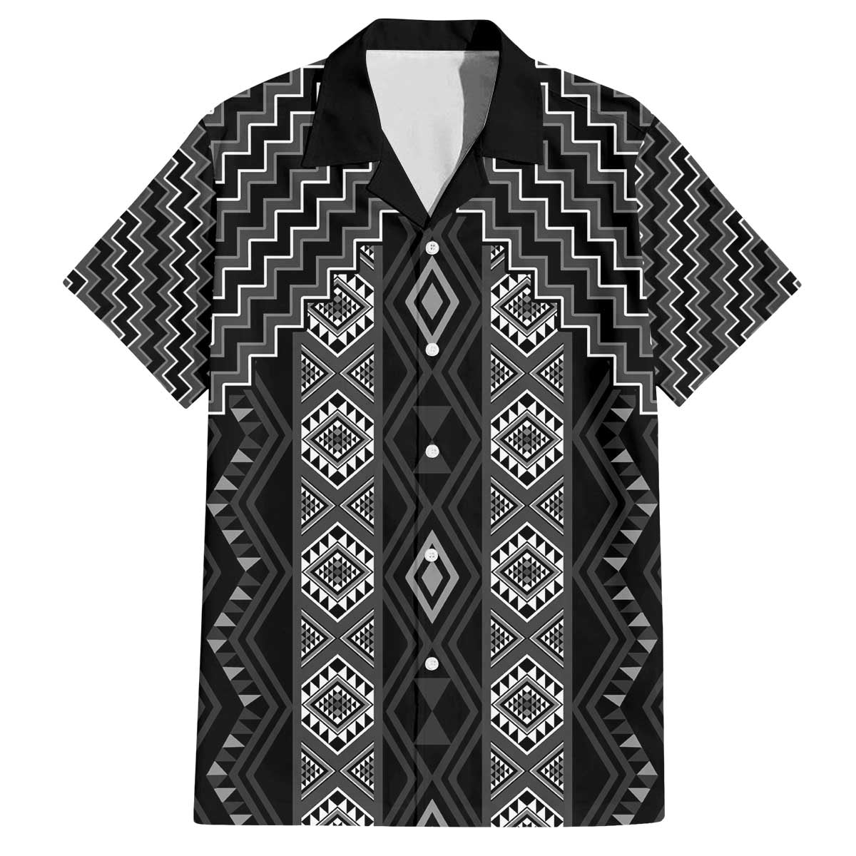 New Zealand Aotearoa Family Matching Off The Shoulder Long Sleeve Dress and Hawaiian Shirt Black Poutama With Taniko Pattern LT05 Dad's Shirt - Short Sleeve Black - Polynesian Pride
