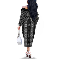 New Zealand Aotearoa Family Matching Off The Shoulder Long Sleeve Dress and Hawaiian Shirt Black Poutama With Taniko Pattern LT05 - Polynesian Pride