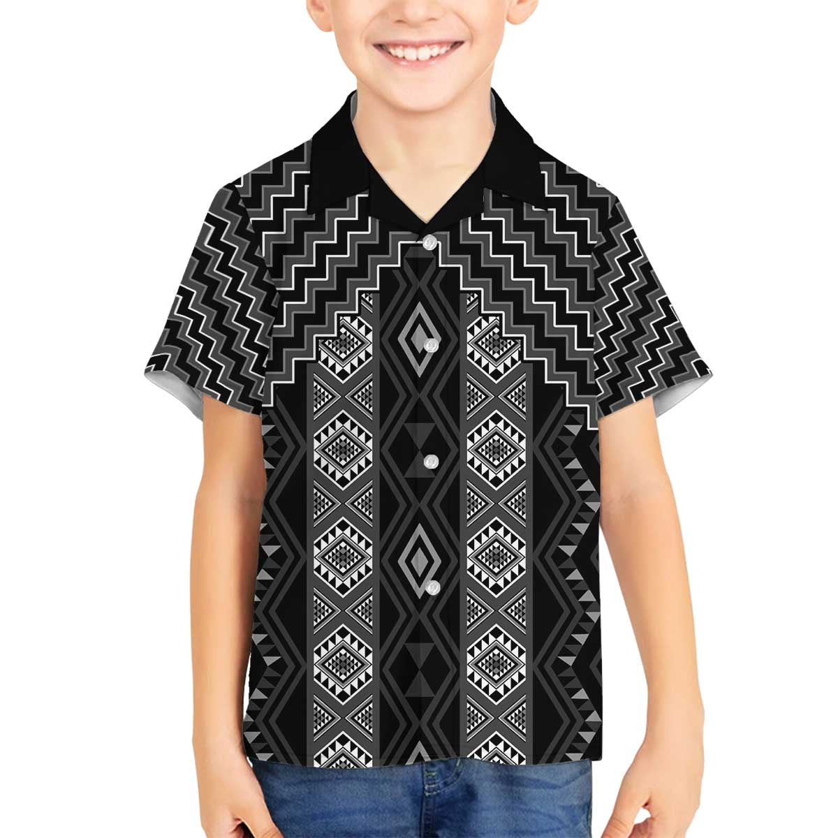 New Zealand Aotearoa Family Matching Off The Shoulder Long Sleeve Dress and Hawaiian Shirt Black Poutama With Taniko Pattern LT05 Son's Shirt Black - Polynesian Pride