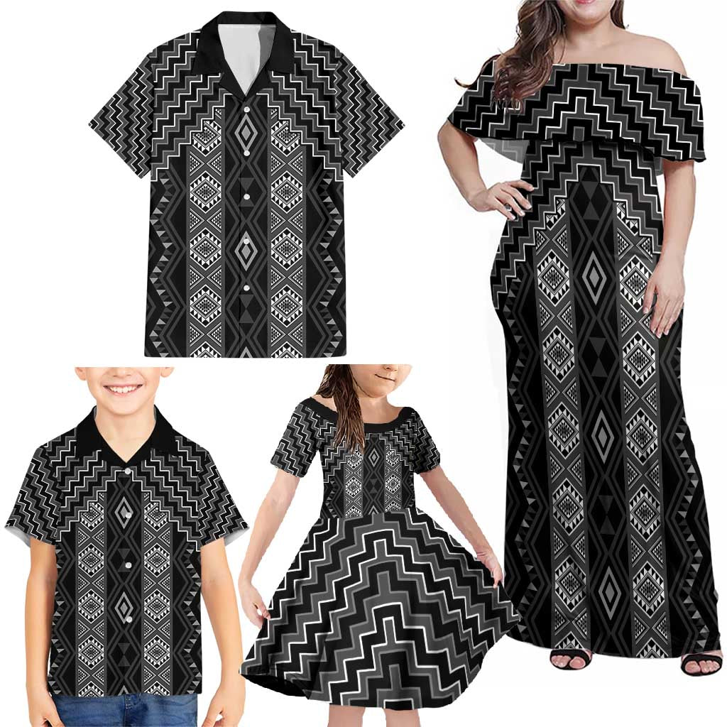 New Zealand Aotearoa Family Matching Off Shoulder Maxi Dress and Hawaiian Shirt Black Poutama With Taniko Pattern LT05 - Polynesian Pride