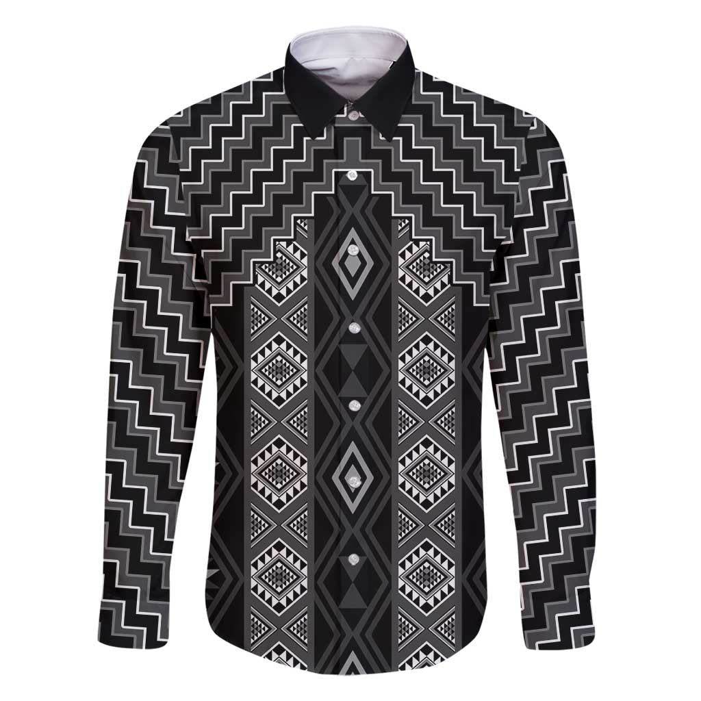 New Zealand Aotearoa Family Matching Off Shoulder Maxi Dress and Hawaiian Shirt Black Poutama With Taniko Pattern LT05 Dad's Shirt - Long Sleeve Black - Polynesian Pride