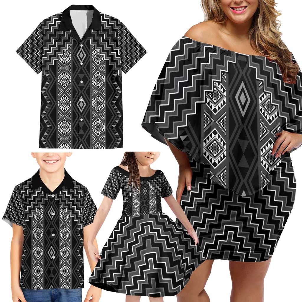 New Zealand Aotearoa Family Matching Off Shoulder Short Dress and Hawaiian Shirt Black Poutama With Taniko Pattern LT05 - Polynesian Pride