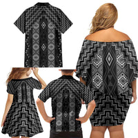 New Zealand Aotearoa Family Matching Off Shoulder Short Dress and Hawaiian Shirt Black Poutama With Taniko Pattern LT05 - Polynesian Pride