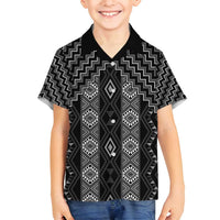 New Zealand Aotearoa Family Matching Off Shoulder Short Dress and Hawaiian Shirt Black Poutama With Taniko Pattern LT05 Son's Shirt Black - Polynesian Pride