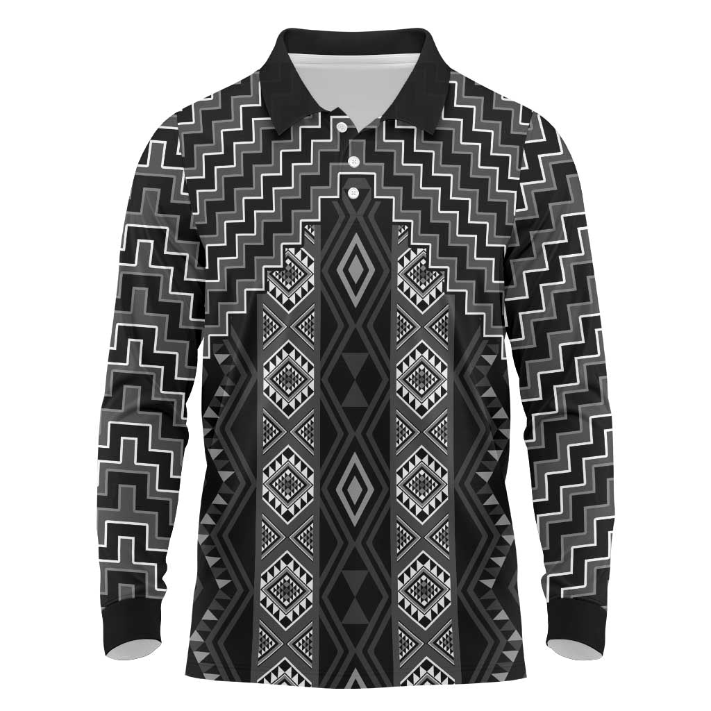 New Zealand Aotearoa Long Sleeve Polo Shirt Black Poutama With Taniko Pattern LT05