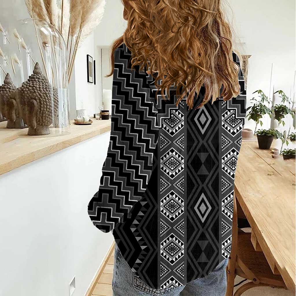 New Zealand Aotearoa Women Casual Shirt Black Poutama With Taniko Pattern LT05