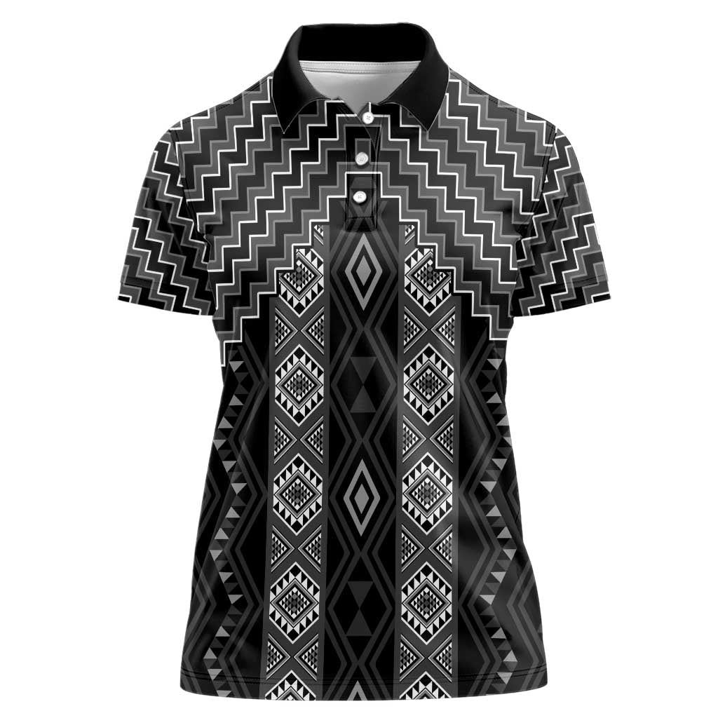 New Zealand Aotearoa Women Polo Shirt Black Poutama With Taniko Pattern LT05