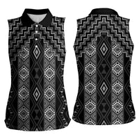 New Zealand Aotearoa Women Sleeveless Polo Shirt Black Poutama With Taniko Pattern LT05
