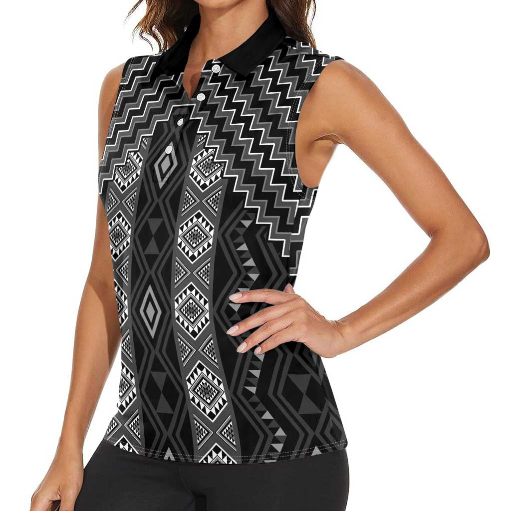New Zealand Aotearoa Women Sleeveless Polo Shirt Black Poutama With Taniko Pattern LT05