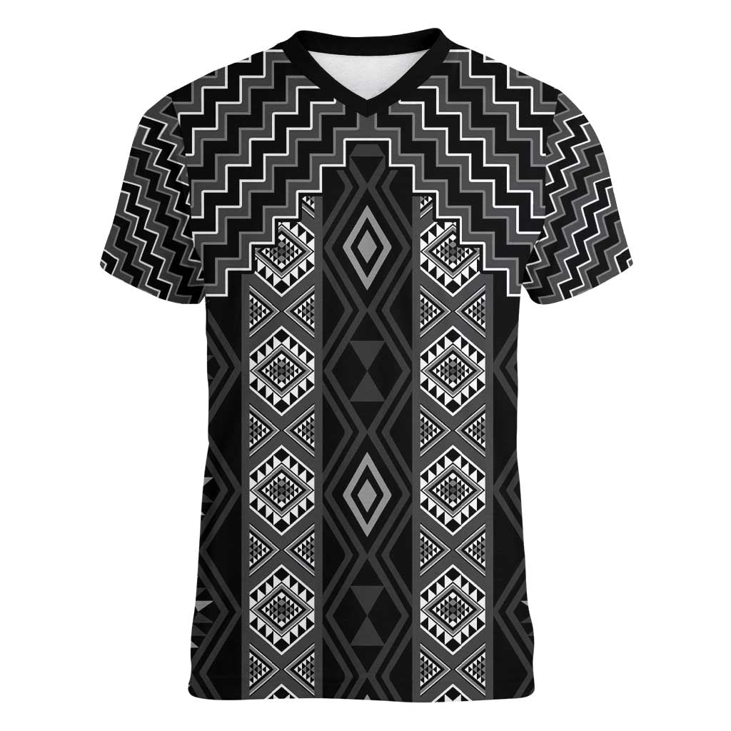 New Zealand Aotearoa Women V-Neck T-Shirt Black Poutama With Taniko Pattern LT05