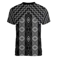 New Zealand Aotearoa Women V-Neck T-Shirt Black Poutama With Taniko Pattern LT05