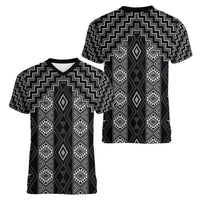 New Zealand Aotearoa Women V-Neck T-Shirt Black Poutama With Taniko Pattern LT05