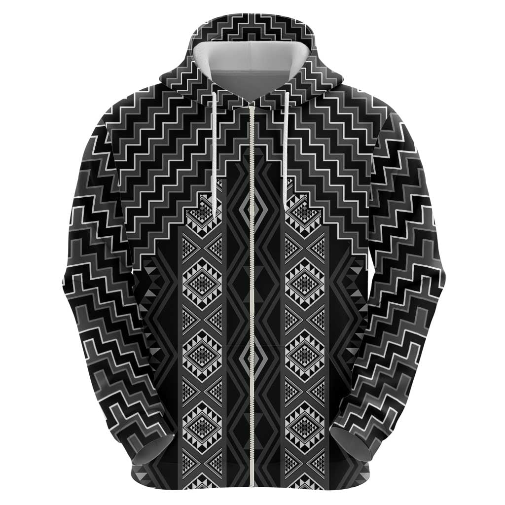 New Zealand Aotearoa Zip Hoodie Black Poutama With Taniko Pattern LT05