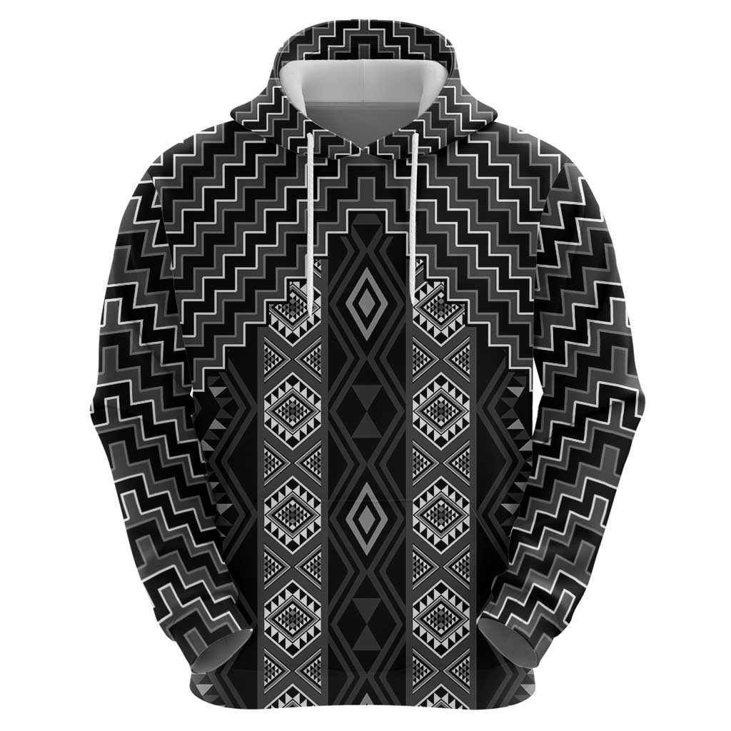 New Zealand Aotearoa Zip Hoodie Black Poutama With Taniko Pattern LT05