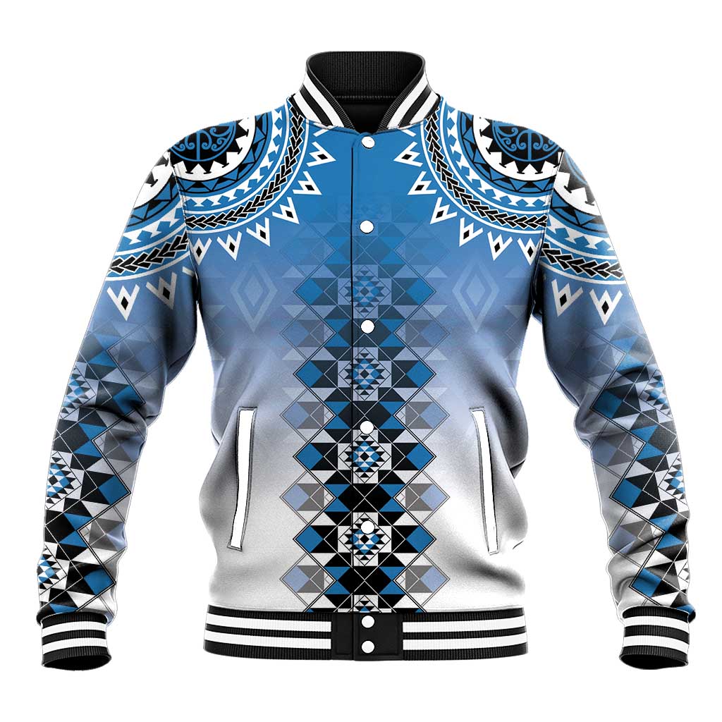 New Zealand Baseball Jacket Poutama Mix Blue Taniko Inspired Art LT05