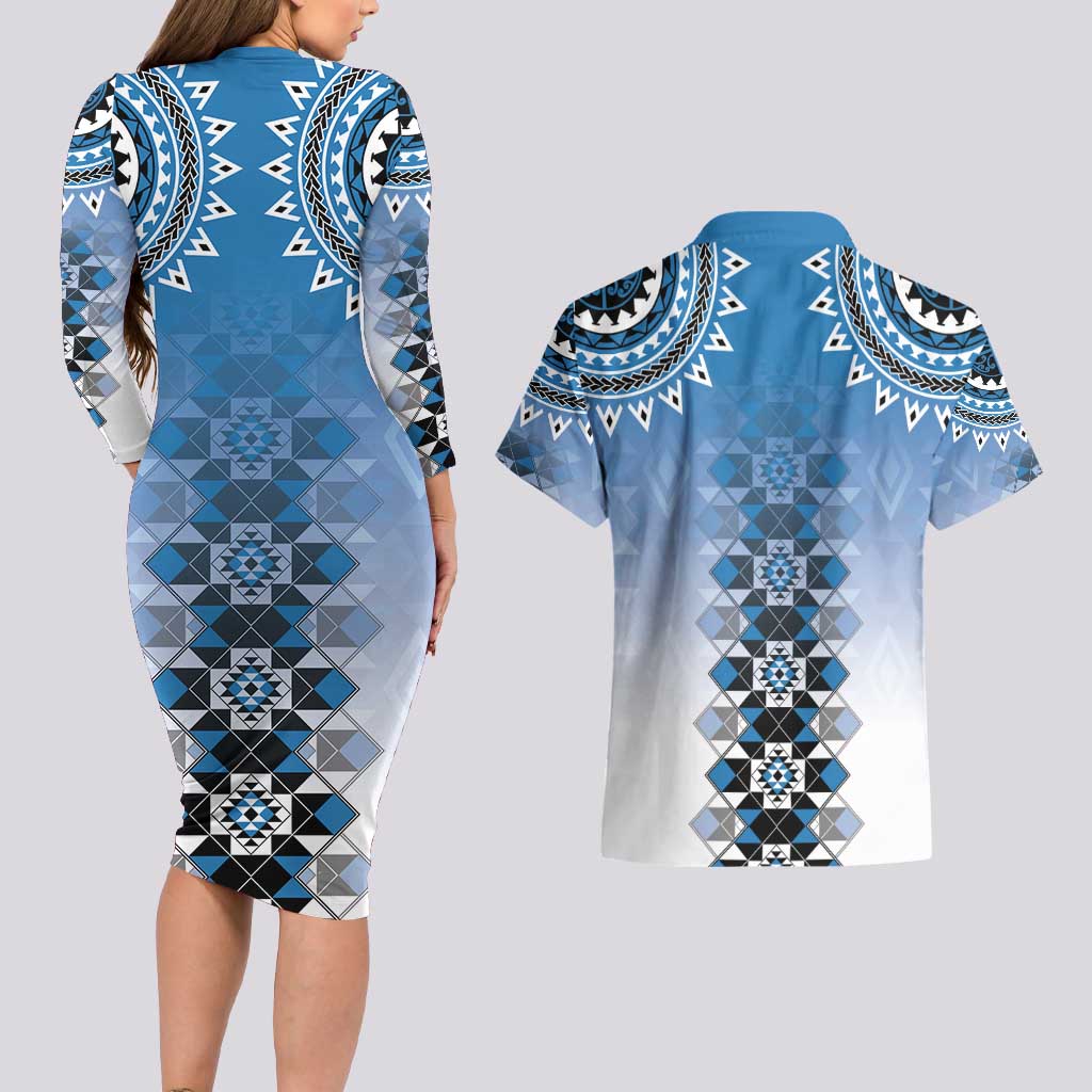 New Zealand Couples Matching Long Sleeve Bodycon Dress and Hawaiian Shirt Poutama Mix Blue Taniko Inspired Art LT05 - Polynesian Pride