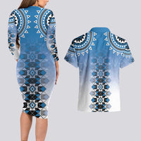 New Zealand Couples Matching Long Sleeve Bodycon Dress and Hawaiian Shirt Poutama Mix Blue Taniko Inspired Art LT05 - Polynesian Pride