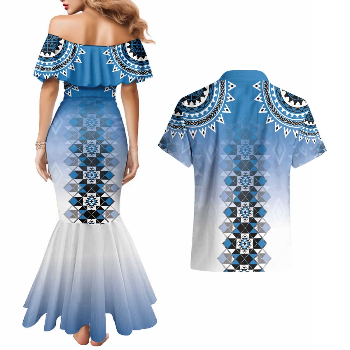 New Zealand Couples Matching Mermaid Dress and Hawaiian Shirt Poutama Mix Blue Taniko Inspired Art LT05 - Polynesian Pride