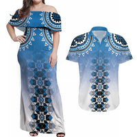 New Zealand Couples Matching Off Shoulder Maxi Dress and Hawaiian Shirt Poutama Mix Blue Taniko Inspired Art LT05 Blue - Polynesian Pride