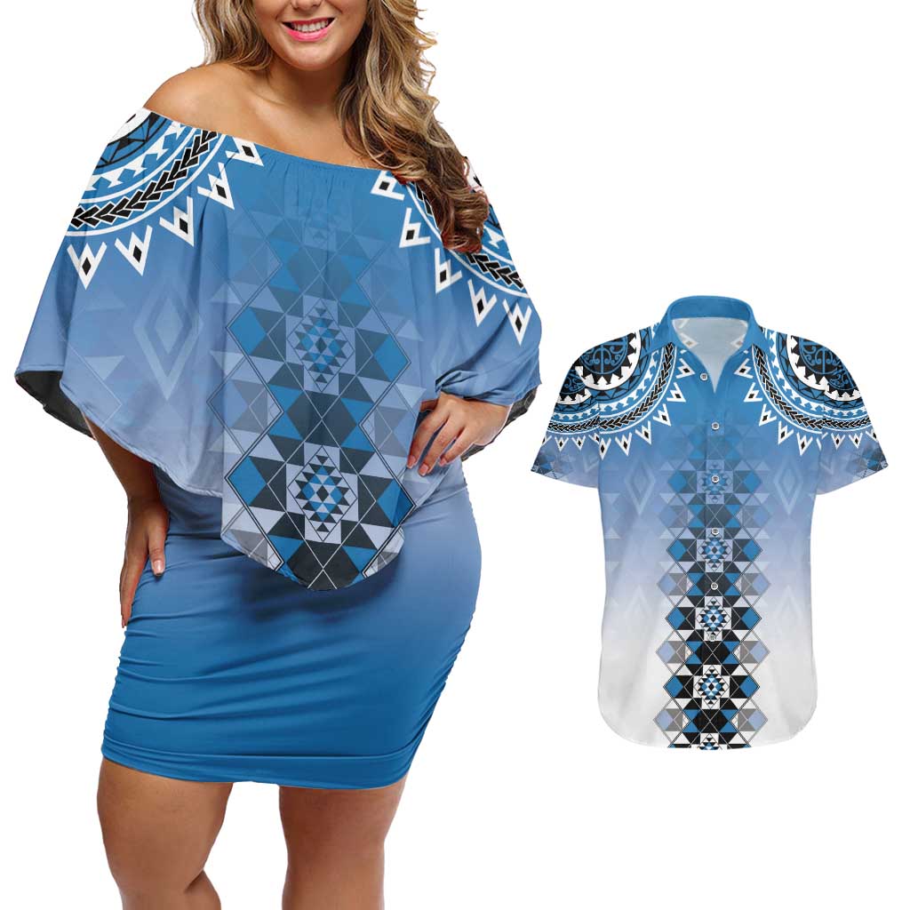 New Zealand Couples Matching Off Shoulder Short Dress and Hawaiian Shirt Poutama Mix Blue Taniko Inspired Art LT05 Blue - Polynesian Pride