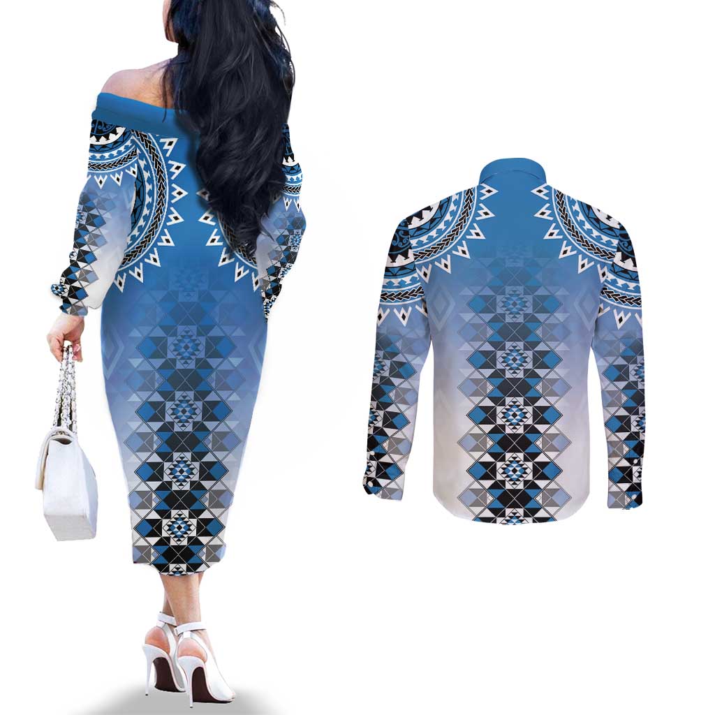 New Zealand Couples Matching Off The Shoulder Long Sleeve Dress and Long Sleeve Button Shirt Poutama Mix Blue Taniko Inspired Art LT05 - Polynesian Pride