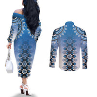 New Zealand Couples Matching Off The Shoulder Long Sleeve Dress and Long Sleeve Button Shirt Poutama Mix Blue Taniko Inspired Art LT05 - Polynesian Pride
