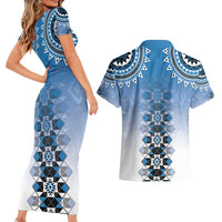 New Zealand Couples Matching Short Sleeve Bodycon Dress and Hawaiian Shirt Poutama Mix Blue Taniko Inspired Art LT05 - Polynesian Pride