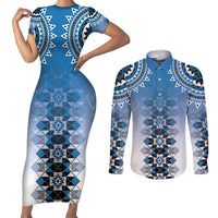 New Zealand Couples Matching Short Sleeve Bodycon Dress and Long Sleeve Button Shirt Poutama Mix Blue Taniko Inspired Art LT05 Blue - Polynesian Pride