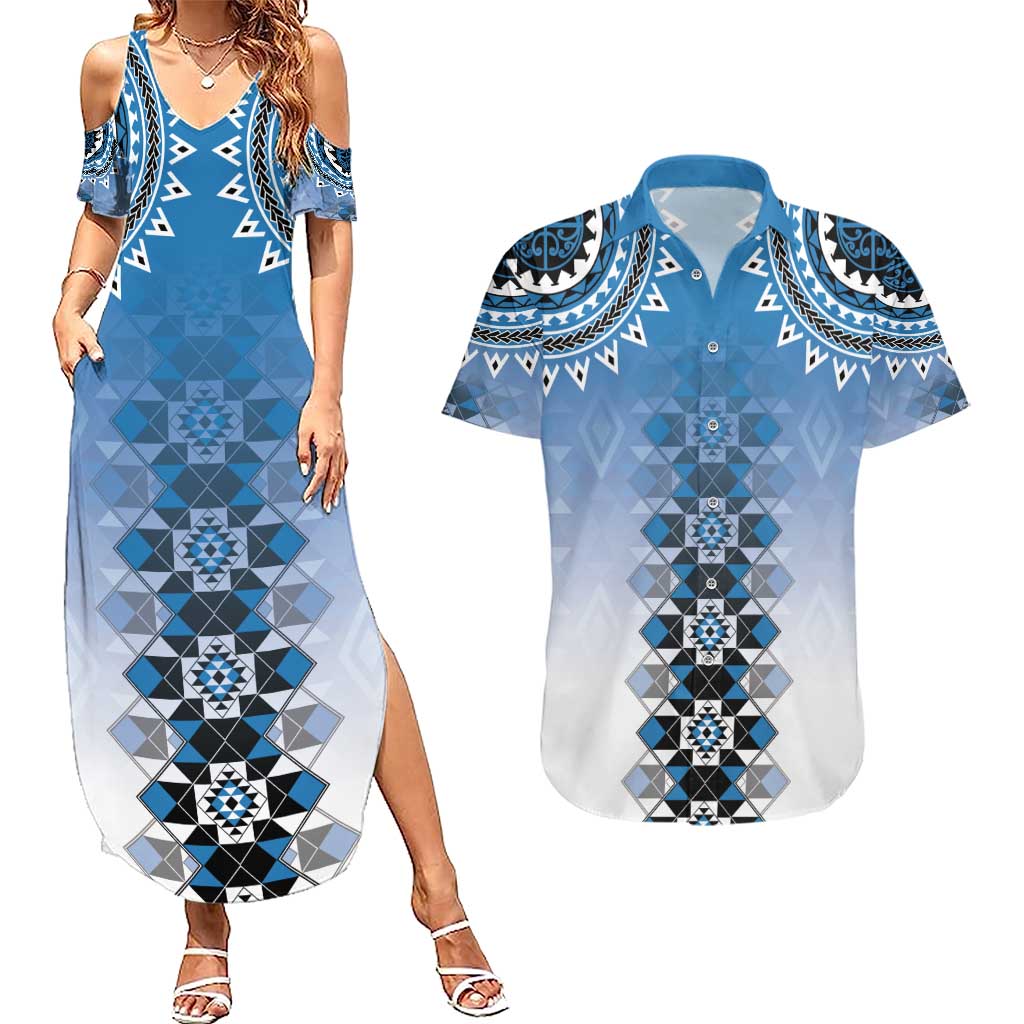 New Zealand Couples Matching Summer Maxi Dress and Hawaiian Shirt Poutama Mix Blue Taniko Inspired Art LT05 Blue - Polynesian Pride