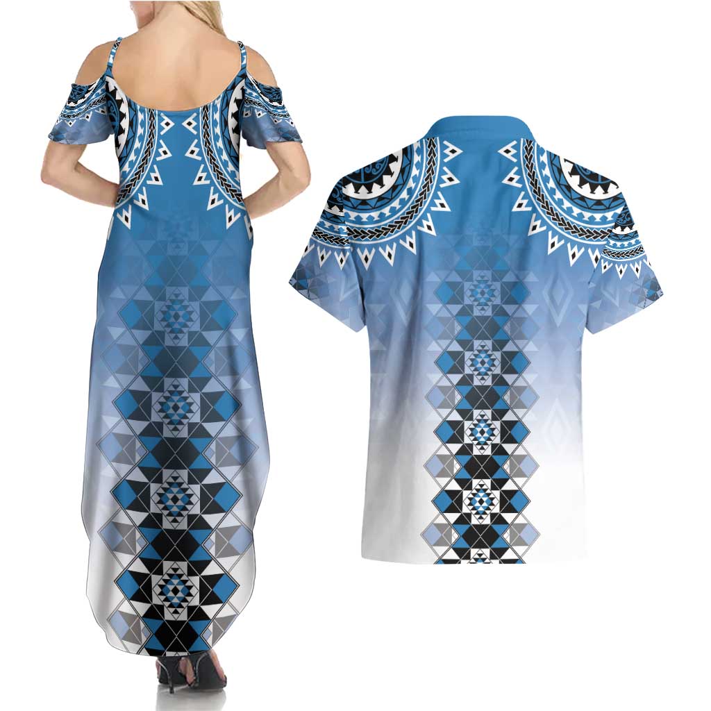 New Zealand Couples Matching Summer Maxi Dress and Hawaiian Shirt Poutama Mix Blue Taniko Inspired Art LT05 - Polynesian Pride