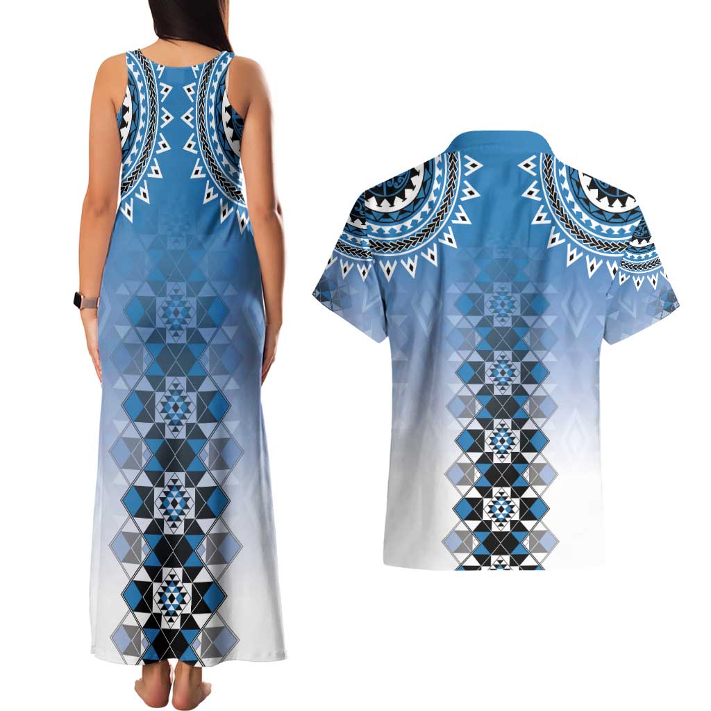 New Zealand Couples Matching Tank Maxi Dress and Hawaiian Shirt Poutama Mix Blue Taniko Inspired Art LT05 - Polynesian Pride