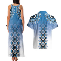 New Zealand Couples Matching Tank Maxi Dress and Hawaiian Shirt Poutama Mix Blue Taniko Inspired Art LT05 - Polynesian Pride