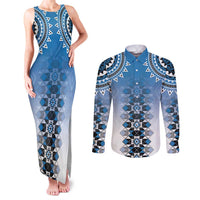 New Zealand Couples Matching Tank Maxi Dress and Long Sleeve Button Shirt Poutama Mix Blue Taniko Inspired Art LT05 Blue - Polynesian Pride