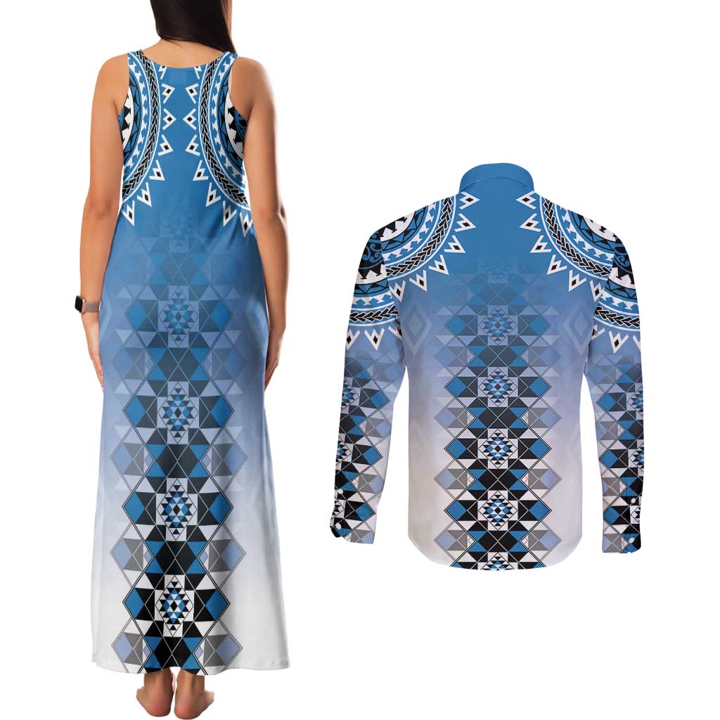 New Zealand Couples Matching Tank Maxi Dress and Long Sleeve Button Shirt Poutama Mix Blue Taniko Inspired Art LT05 - Polynesian Pride