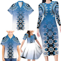 New Zealand Family Matching Long Sleeve Bodycon Dress and Hawaiian Shirt Poutama Mix Blue Taniko Inspired Art LT05 - Polynesian Pride