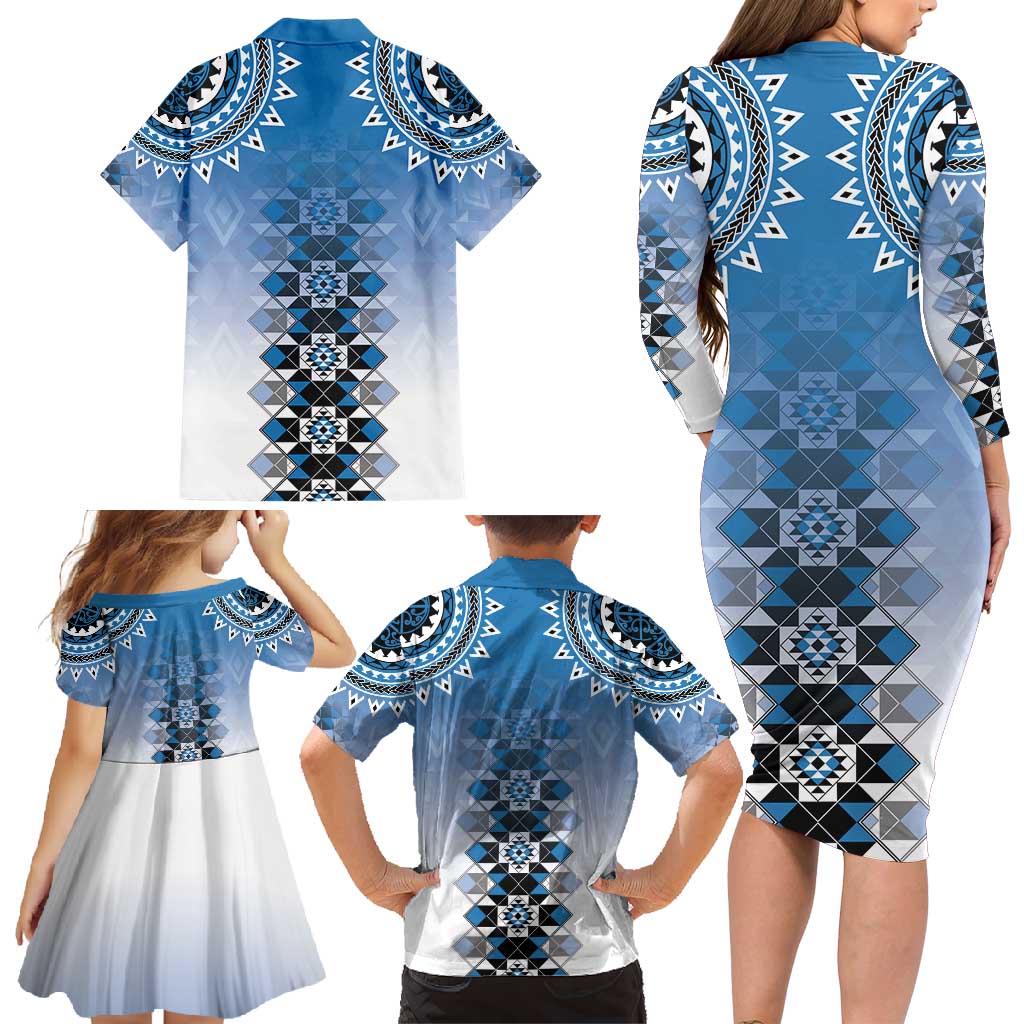 New Zealand Family Matching Long Sleeve Bodycon Dress and Hawaiian Shirt Poutama Mix Blue Taniko Inspired Art LT05 - Polynesian Pride