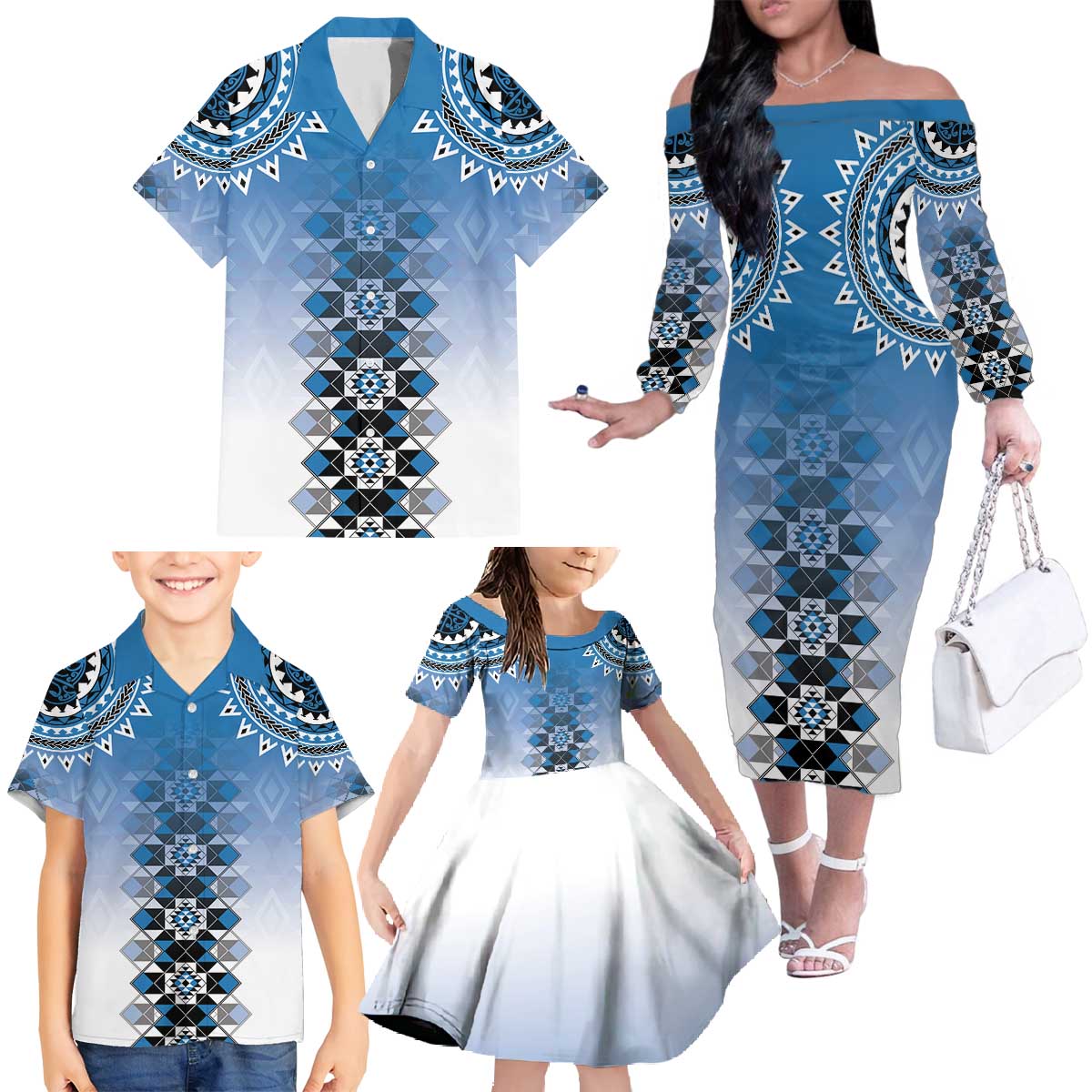 New Zealand Family Matching Off The Shoulder Long Sleeve Dress and Hawaiian Shirt Poutama Mix Blue Taniko Inspired Art LT05 - Polynesian Pride