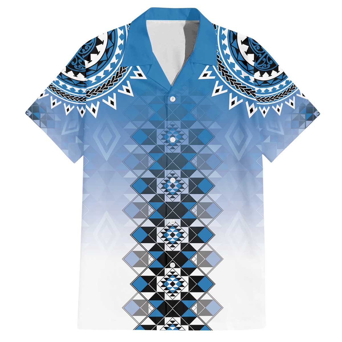New Zealand Family Matching Off The Shoulder Long Sleeve Dress and Hawaiian Shirt Poutama Mix Blue Taniko Inspired Art LT05 Dad's Shirt - Short Sleeve Blue - Polynesian Pride