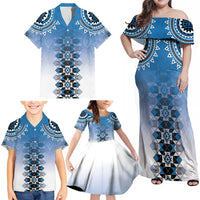 New Zealand Family Matching Off Shoulder Maxi Dress and Hawaiian Shirt Poutama Mix Blue Taniko Inspired Art LT05 - Polynesian Pride