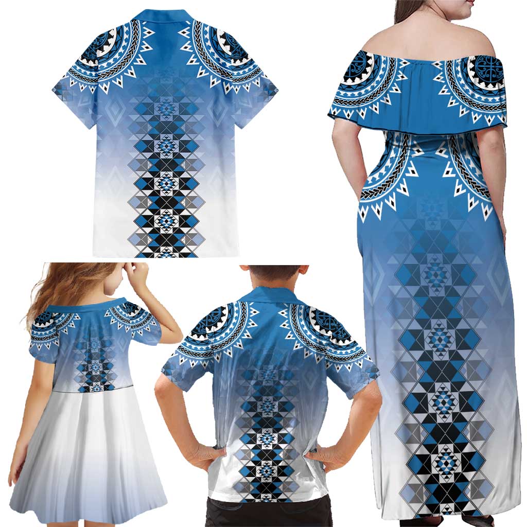 New Zealand Family Matching Off Shoulder Maxi Dress and Hawaiian Shirt Poutama Mix Blue Taniko Inspired Art LT05 - Polynesian Pride