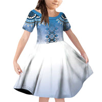 New Zealand Family Matching Off Shoulder Short Dress and Hawaiian Shirt Poutama Mix Blue Taniko Inspired Art LT05 Daughter's Dress Blue - Polynesian Pride