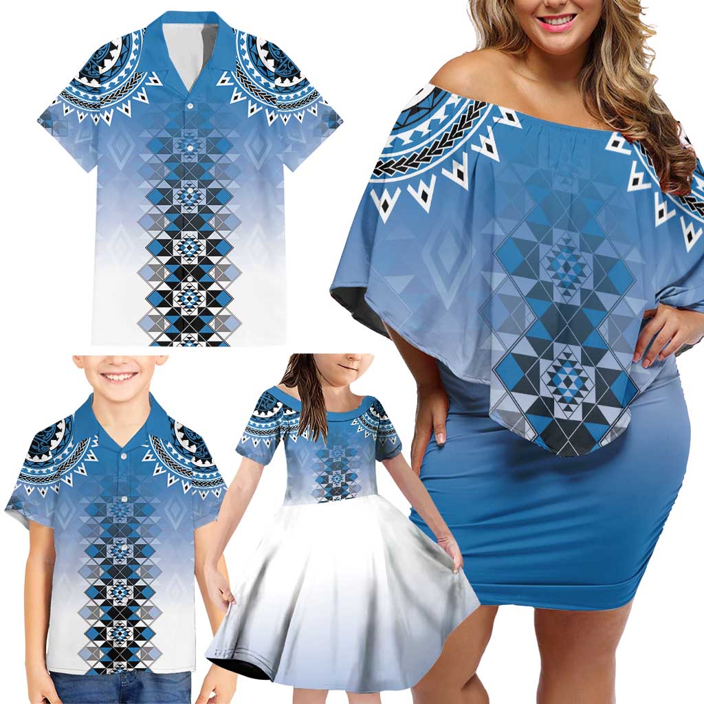 New Zealand Family Matching Off Shoulder Short Dress and Hawaiian Shirt Poutama Mix Blue Taniko Inspired Art LT05 - Polynesian Pride