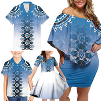 New Zealand Family Matching Off Shoulder Short Dress and Hawaiian Shirt Poutama Mix Blue Taniko Inspired Art LT05 - Polynesian Pride