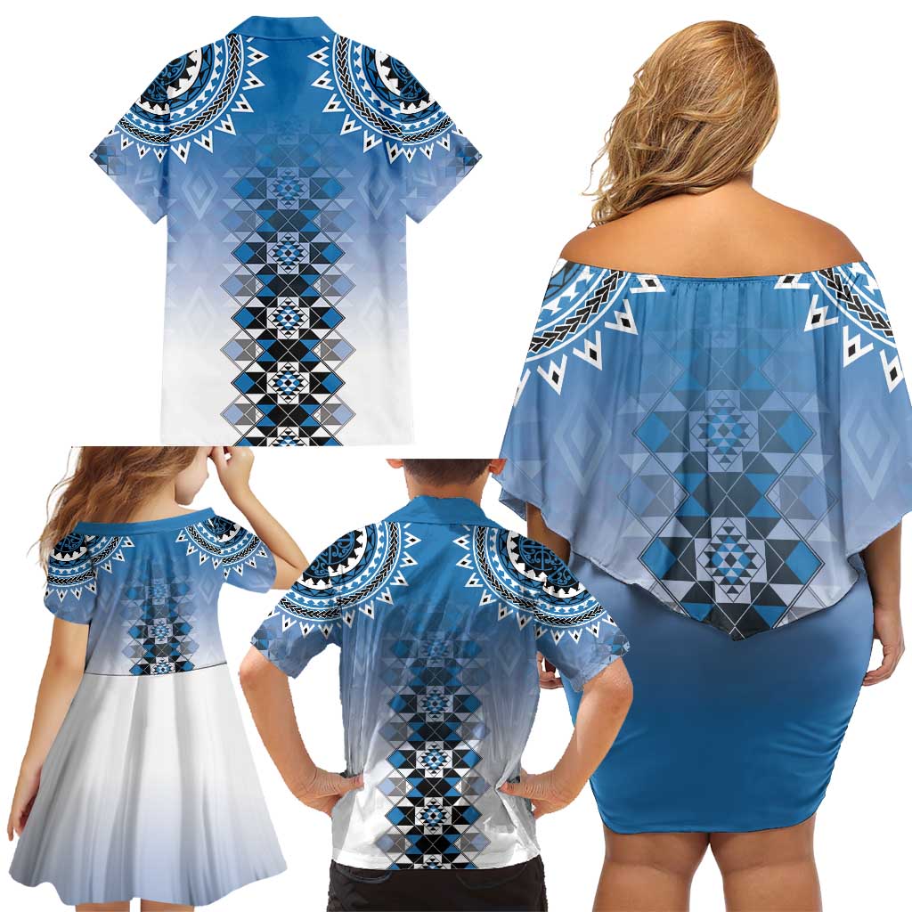New Zealand Family Matching Off Shoulder Short Dress and Hawaiian Shirt Poutama Mix Blue Taniko Inspired Art LT05 - Polynesian Pride