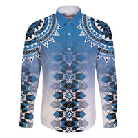 New Zealand Family Matching Puletasi and Hawaiian Shirt Poutama Mix Blue Taniko Inspired Art LT05 Dad's Shirt - Long Sleeve Blue - Polynesian Pride