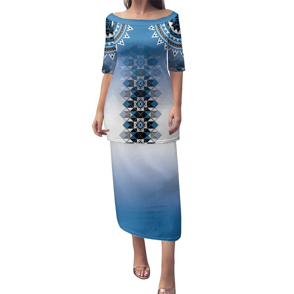 New Zealand Family Matching Puletasi and Hawaiian Shirt Poutama Mix Blue Taniko Inspired Art LT05 Mom's Dress Blue - Polynesian Pride