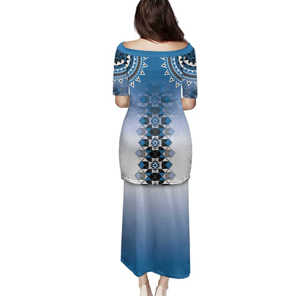 New Zealand Family Matching Puletasi and Hawaiian Shirt Poutama Mix Blue Taniko Inspired Art LT05 - Polynesian Pride